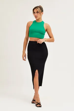 Black Slit Knit Midi Skirt,skirt,denim skirt,mini skirt,maxi skirt,jean skirt,skort,tennis skirt,pleated skirt,pencil skirt,bubble skirt,plisse skirt,fitted skirt,midi skirt,short skirt,short mini skirt,leather skirt,a line skirt