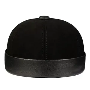 Black Suede Genuine Leather Docker Cap stylish boater hat with ribbon on model