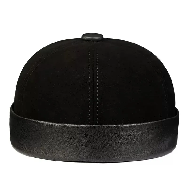 Black Suede Genuine Leather Docker Cap stylish boater hat with ribbon on model