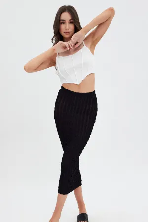 Black Textured Midi Skirt,skirt,denim skirt,mini skirt,maxi skirt,jean skirt,skort,tennis skirt,pleated skirt,pencil skirt,bubble skirt,plisse skirt,fitted skirt,midi skirt,short skirt,short mini skirt,leather skirt,a line skirt,Split skirt