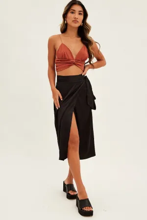 Black Tie Front Satin Midi Skirt,skirt,denim skirt,mini skirt,maxi skirt,jean skirt,skort,tennis skirt,pleated skirt,pencil skirt,bubble skirt,plisse skirt,fitted skirt,midi skirt,short skirt,short mini skirt,leather skirt,a line skirt