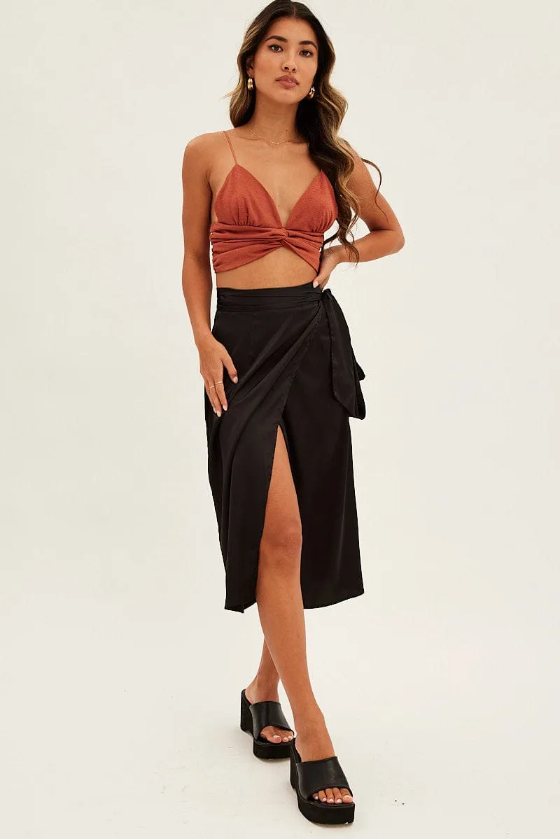 Black Tie Front Satin Midi Skirt,skirt,denim skirt,mini skirt,maxi skirt,jean skirt,skort,tennis skirt,pleated skirt,pencil skirt,bubble skirt,plisse skirt,fitted skirt,midi skirt,short skirt,short mini skirt,leather skirt,a line skirt