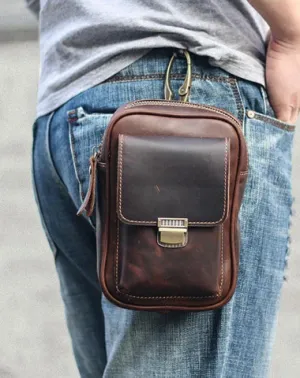 Black Vintage Leather Mens Mini Messenger Bag Waist Bag Dark Brown Belt Pouch Bag For Men Black