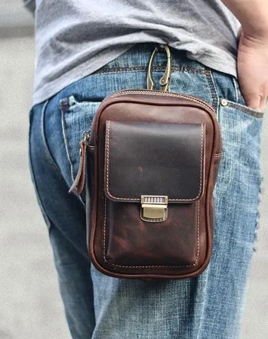 Black Vintage Leather Mens Mini Messenger Bag Waist Bag Dark Brown Belt Pouch Bag For Men Black