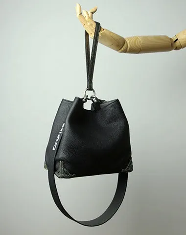 Black Womens Leather Bucket Shoulder Purse Womens Barrel Black Leather Handbag Shoulder Bag for Ladies cheap online