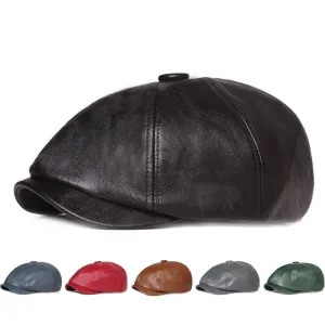 Blackpool Leather Newsboy Cap stylish boater hat with ribbon on model