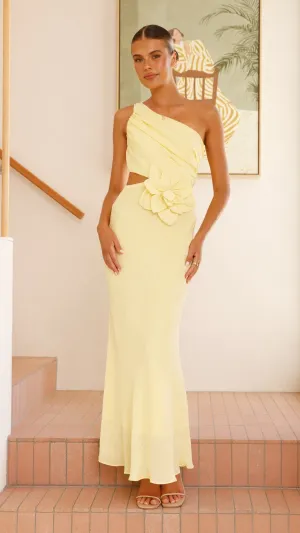 Bloom One Shoulder Cut Out Maxi Dress - Yellow,prom dresses,wedding guest dresses,homecoming dresses,bridesmaid dresses,cocktail dresses,women clothing,summer dresses,formal dresses,sundresses,mother of the bride dresses,quince clothing,bodycon dress,dress