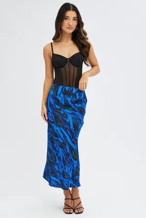 Blue Abstract Midi Skirt High Waisted Satin Bias Cut,skirt,denim skirt,mini skirt,maxi skirt,jean skirt,skort,tennis skirt,pleated skirt,pencil skirt,bubble skirt,plisse skirt,fitted skirt,midi skirt,short skirt,short mini skirt,leather skirt,a line skirt,