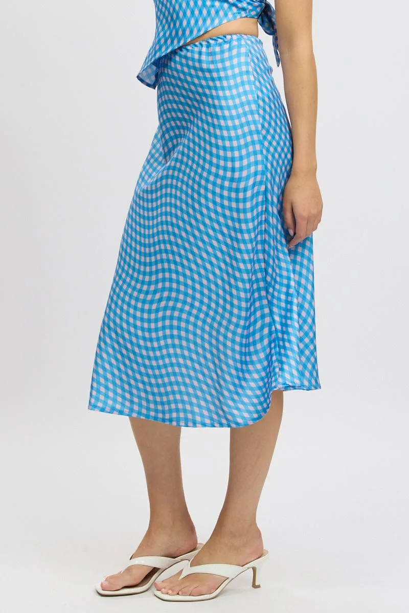 Blue Check Slip Skirt High Rise Elasticated Waistband Midaxi