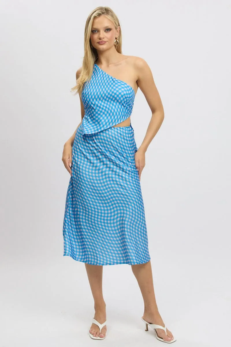 Blue Check Slip Skirt High Rise Elasticated Waistband Midaxi