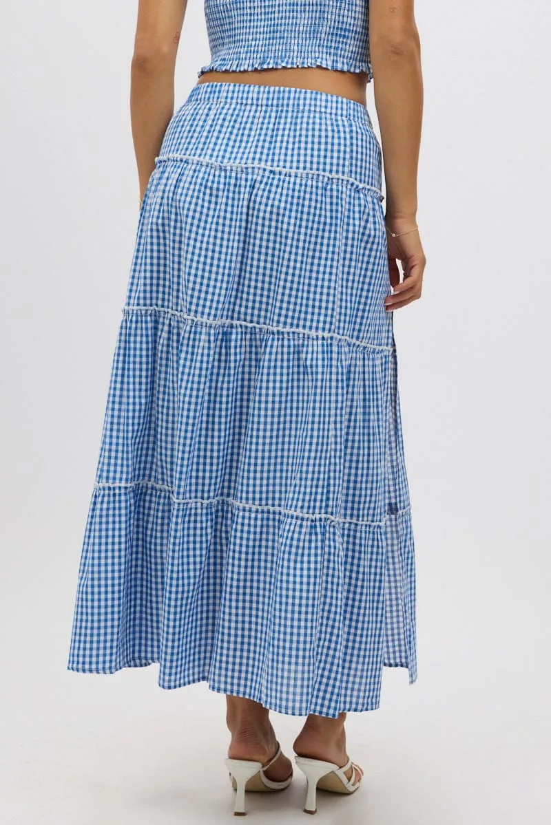 Blue Check Tiered Maxi Skirt Elastic Waist Slit Ruffle