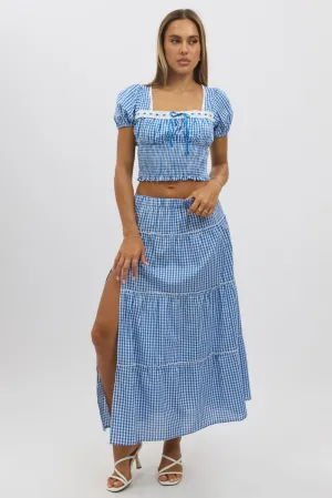 Blue Check Tiered Maxi Skirt Elastic Waist Slit Ruffle,skirt,denim skirt,mini skirt,maxi skirt,jean skirt,skort,tennis skirt,pleated skirt,pencil skirt,bubble skirt,plisse skirt,fitted skirt,midi skirt,short skirt,short mini skirt,leather skirt,a line skir