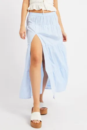 Blue Check Tiered Maxi Slit Skirt,skirt,denim skirt,mini skirt,maxi skirt,jean skirt,skort,tennis skirt,pleated skirt,pencil skirt,bubble skirt,plisse skirt,fitted skirt,midi skirt,short skirt,short mini skirt,leather skirt,a line skirt