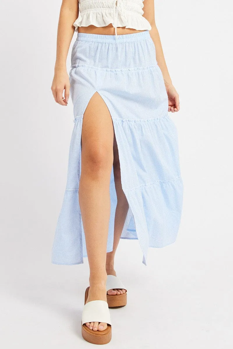 Blue Check Tiered Maxi Slit Skirt,skirt,denim skirt,mini skirt,maxi skirt,jean skirt,skort,tennis skirt,pleated skirt,pencil skirt,bubble skirt,plisse skirt,fitted skirt,midi skirt,short skirt,short mini skirt,leather skirt,a line skirt