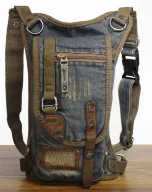 Blue Denim Canvas Mens Biker Waist Bag DropLeg Bag Belt Pouch Small Messenger Bag For Men Vintage Blue