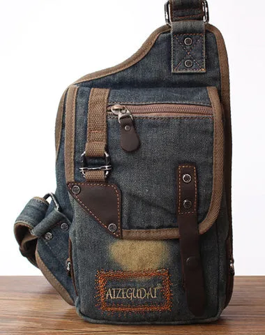 Blue Denim Mens Biker Waist Bag Chest Bag Vintage Denim Sling Bag For Men Vintage Blue