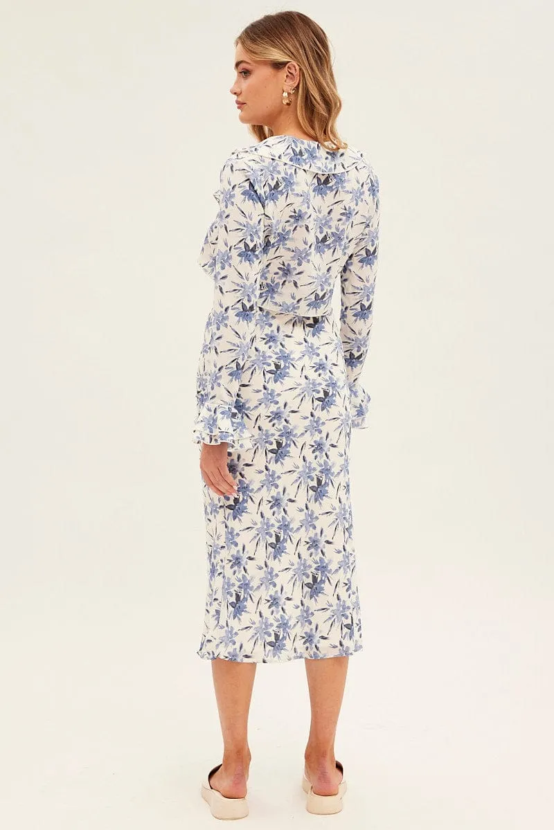 Blue Floral Midi Skirt Slip Floral Print