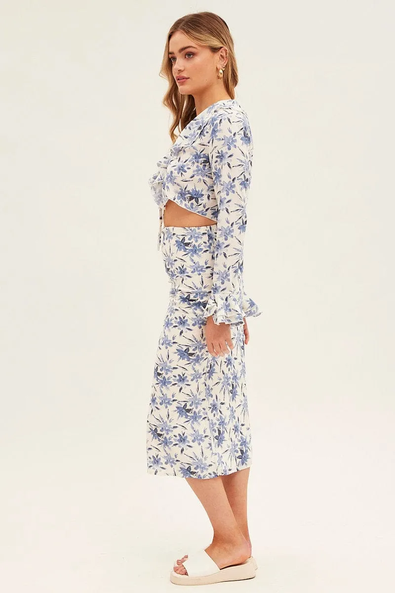 Blue Floral Midi Skirt Slip Floral Print