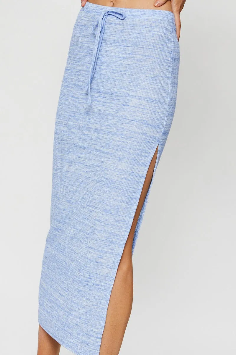 Blue Ribbed Bodycon Midi Skirt