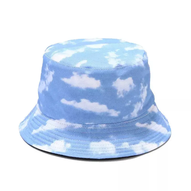 Blue Sky Reversible Bucket Hat boater hat with bow in beach sunlight