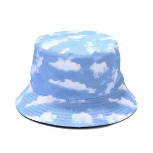 Blue Sky Reversible Bucket Hat boater hat with bow in beach sunlight