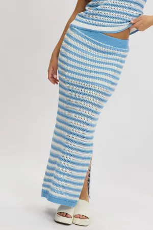 Blue Stripe Crochet Knit Skirt Elastic Waist Midi Lined,skirt,denim skirt,mini skirt,maxi skirt,jean skirt,skort,tennis skirt,pleated skirt,pencil skirt,bubble skirt,plisse skirt,fitted skirt,midi skirt,short skirt,short mini skirt,leather skirt,a line ski