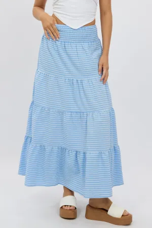 Blue Stripe Maxi Skirt Shirred Waist Tiered Relaxed Fit,skirt,denim skirt,mini skirt,maxi skirt,jean skirt,skort,tennis skirt,pleated skirt,pencil skirt,bubble skirt,plisse skirt,fitted skirt,midi skirt,short skirt,short mini skirt,leather skirt,a line ski