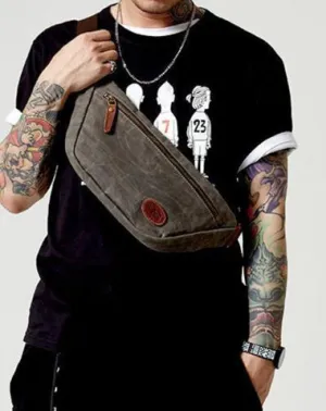 Blue Waxed Canvas Leather Fanny Pack Men's Chest Bag Sling Hip Bag Waist Bag For Men Khaki