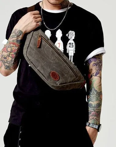 Blue Waxed Canvas Leather Fanny Pack Men's Chest Bag Sling Hip Bag Waist Bag For Men Khaki
