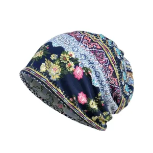 Boho Floral Snood Beanie boater hat with bow in beach sunlight