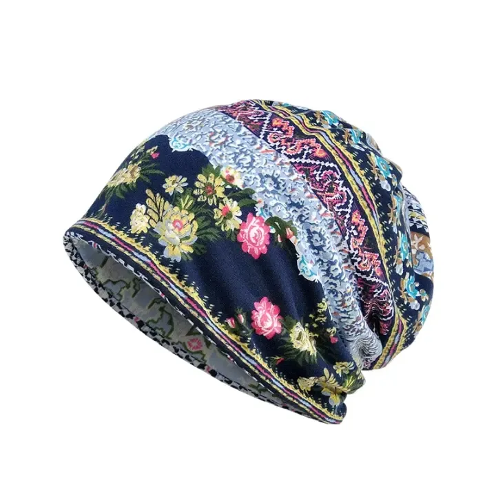 Boho Floral Snood Beanie boater hat with bow in beach sunlight