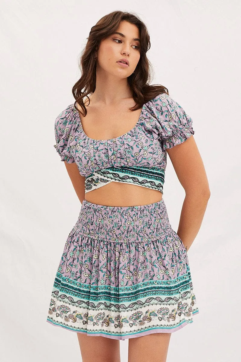 Boho Print Shirred Waist Boho Mini Skater Skirt,skirt,denim skirt,mini skirt,maxi skirt,jean skirt,skort,tennis skirt,pleated skirt,pencil skirt,bubble skirt,plisse skirt,fitted skirt,midi skirt,short skirt,short mini skirt,leather skirt,a line skirt