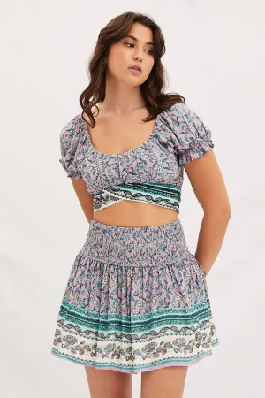 Boho Print Shirred Waist Boho Mini Skater Skirt,skirt,denim skirt,mini skirt,maxi skirt,jean skirt,skort,tennis skirt,pleated skirt,pencil skirt,bubble skirt,plisse skirt,fitted skirt,midi skirt,short skirt,short mini skirt,leather skirt,a line skirt
