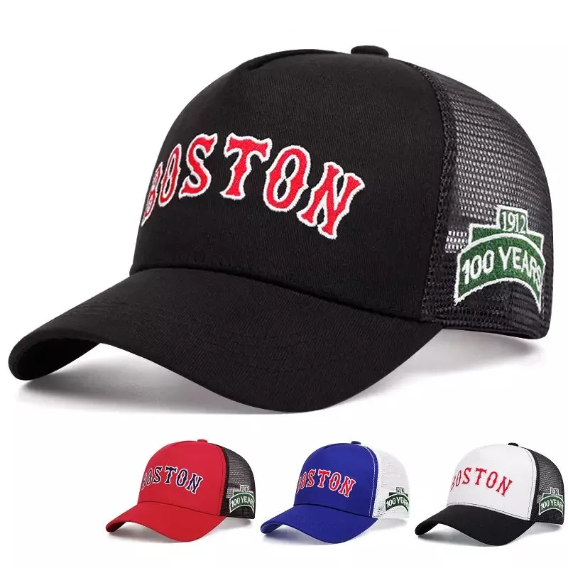 Boston 100 Years Trucker Cap boater hat with bow in beach sunlight