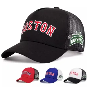 Boston 100 Years Trucker Cap boater hat with bow in beach sunlight