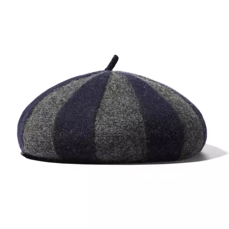 Bresson Striped Wool Beret stylish boater hat with ribbon on model