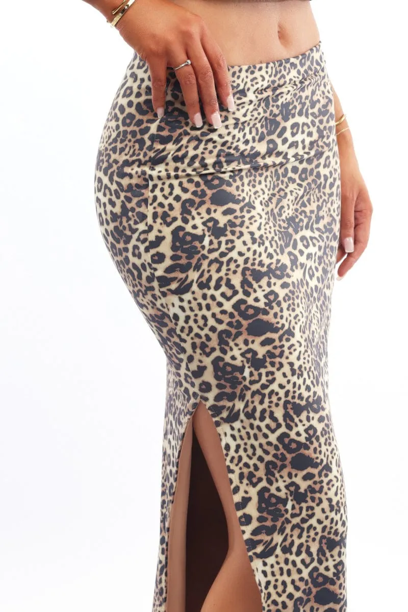 Brown Animal Print Leopard Maxi Skirt Side Split Lined Supersoft