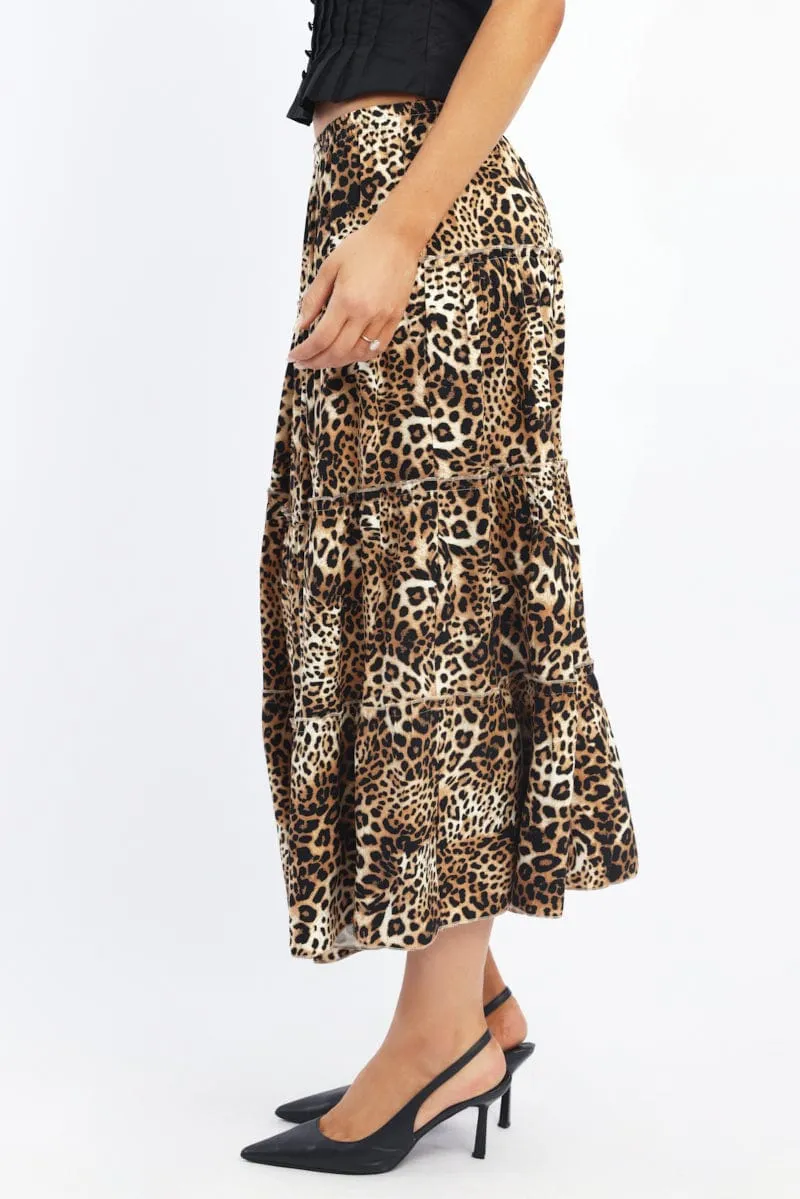 Brown Animal Print Maxi Skirt Tiered High Rise Rayon Lined