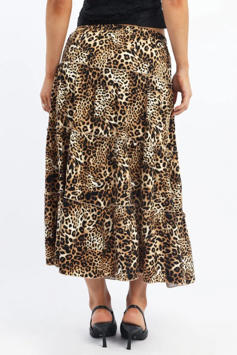 Brown Animal Print Maxi Skirt Tiered High Rise Rayon Lined