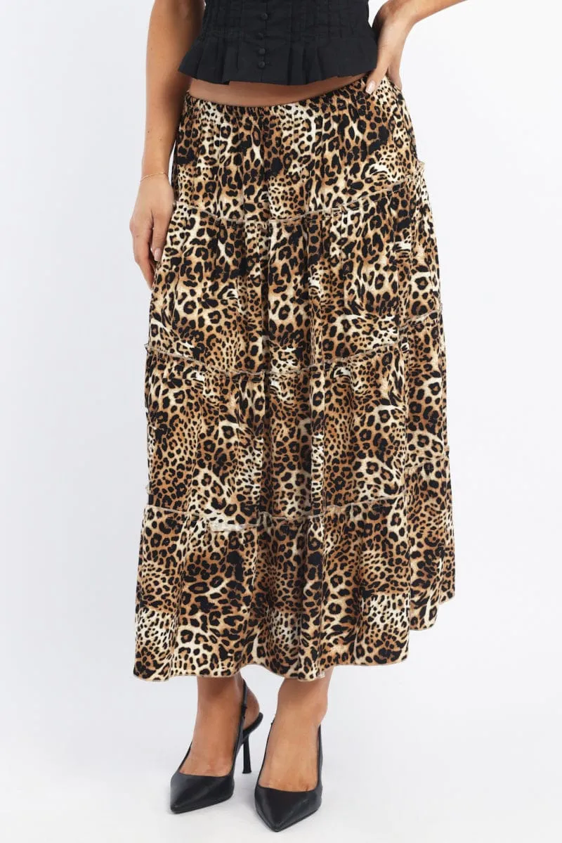 Brown Animal Print Maxi Skirt Tiered High Rise Rayon Lined
