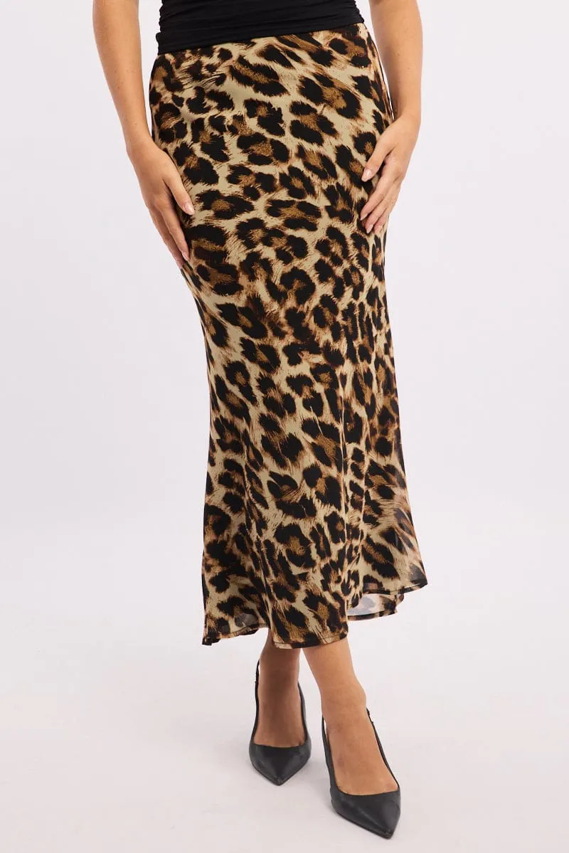 Brown Animal Print Slip Skirt High Rise Elastic Waist Maxi