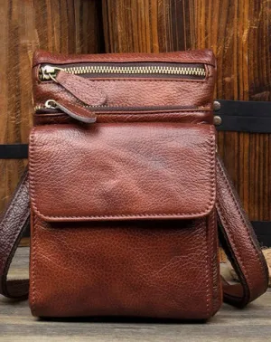 Brown Cool Leather Mens Belt Pouch Bag Mini Messenger Bag Side Bag Waist Bag for Men Brown