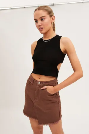 Brown Denim Skirt Mini Asymmetric Hem,skirt,denim skirt,mini skirt,maxi skirt,jean skirt,skort,tennis skirt,pleated skirt,pencil skirt,bubble skirt,plisse skirt,fitted skirt,midi skirt,short skirt,short mini skirt,leather skirt,a line skirt