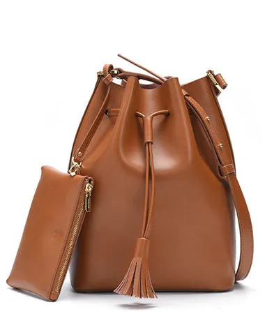 Brown Genuine Leather bucket bag shoulder bag for women leather Barrel crossbody bag cheap online