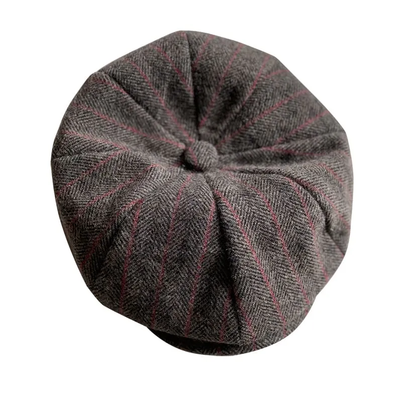 Brown Herringbone & Striped Wool Newsboy Cap