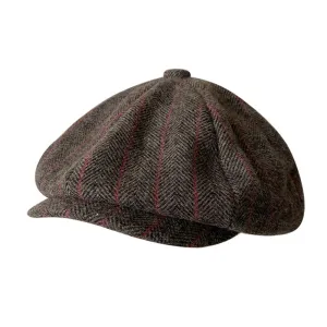 Brown Herringbone & Striped Wool Newsboy Cap boater hat with bow in beach sunlight