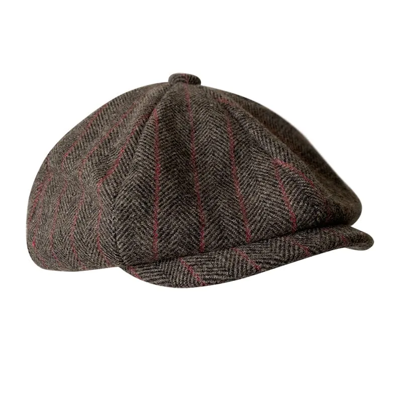 Brown Herringbone & Striped Wool Newsboy Cap