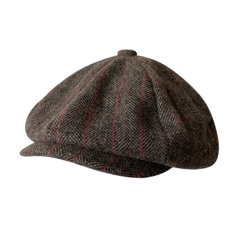 Brown Herringbone & Striped Wool Newsboy Cap boater hat with bow in beach sunlight