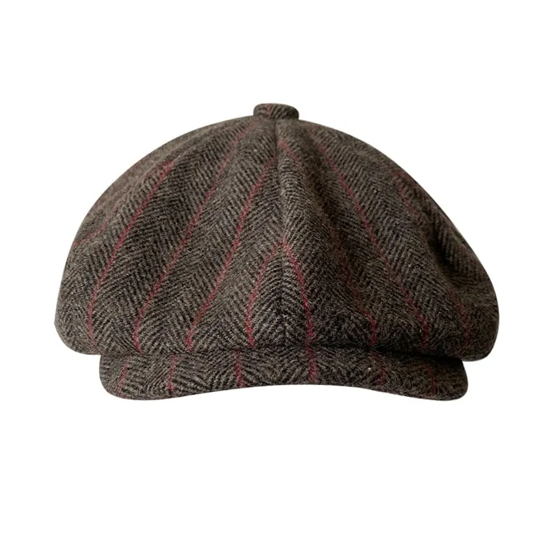 Brown Herringbone & Striped Wool Newsboy Cap