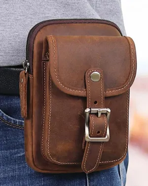 Brown Leather Cell Phone Holster Waist Pouches Belt Pouch Belt Bag For Men Brown